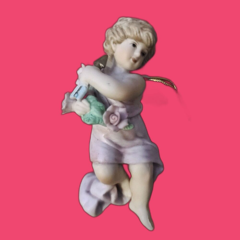 Rare Vintage Angel Bisque 1987 B.S.B. Shackman Ornament Cupid with Flowers‎